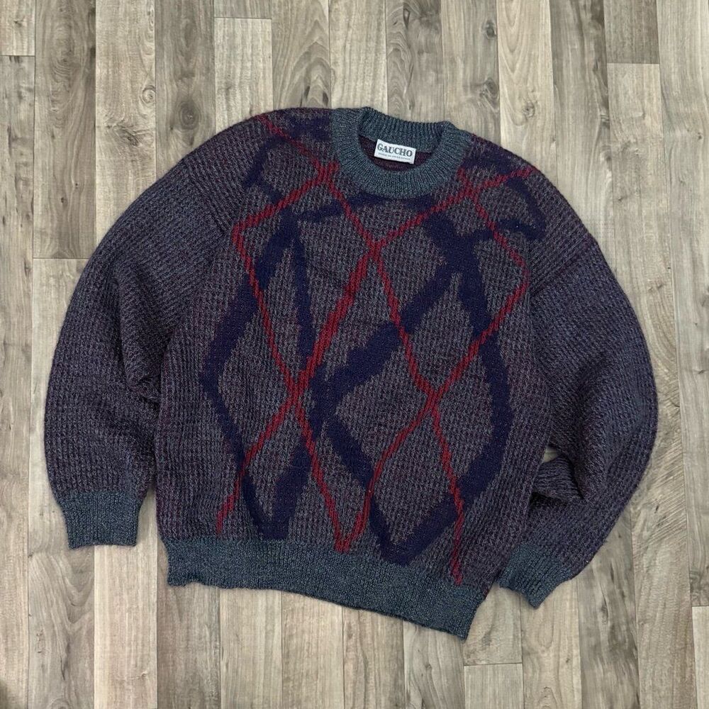 Vintage retro Gaucho plaid argyle chunky knit sweater